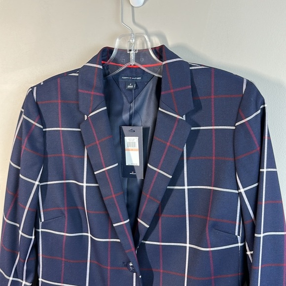 NWT Tommy Hilfiger Women Navy Window Pane Plaid Blazer Sz 2 Academia Lined Prep - Picture 2 of 16